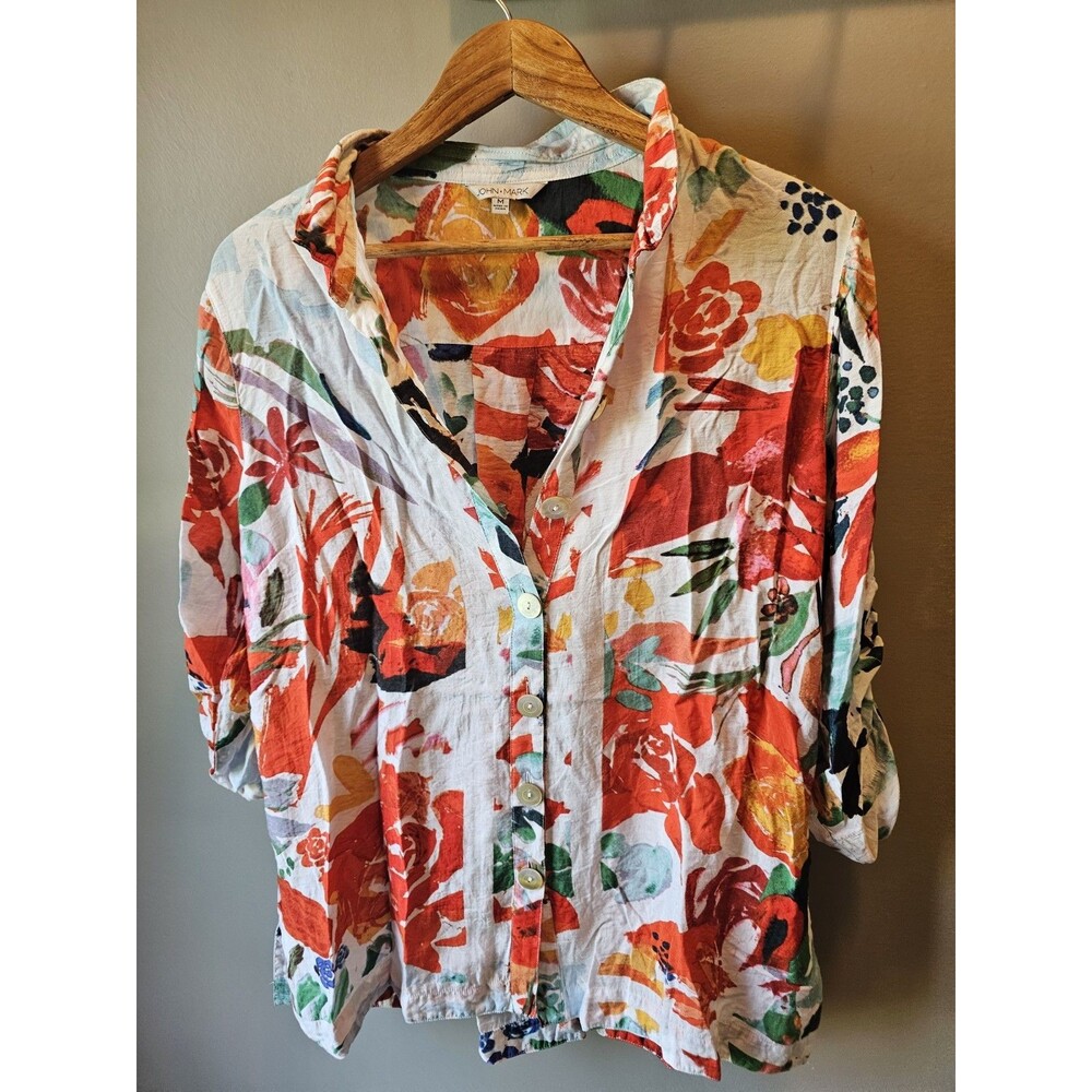 Womens John Mark Colorful Floral Button Up Long Sleeve Blouse Sz M